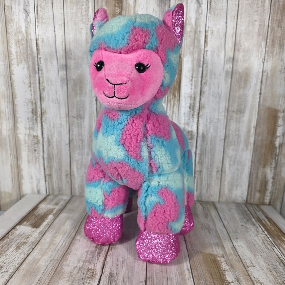Build-A-Bear Workshop Pink Blue Swirl Alpaca Llama Plush Glitter Hooves 15 inch